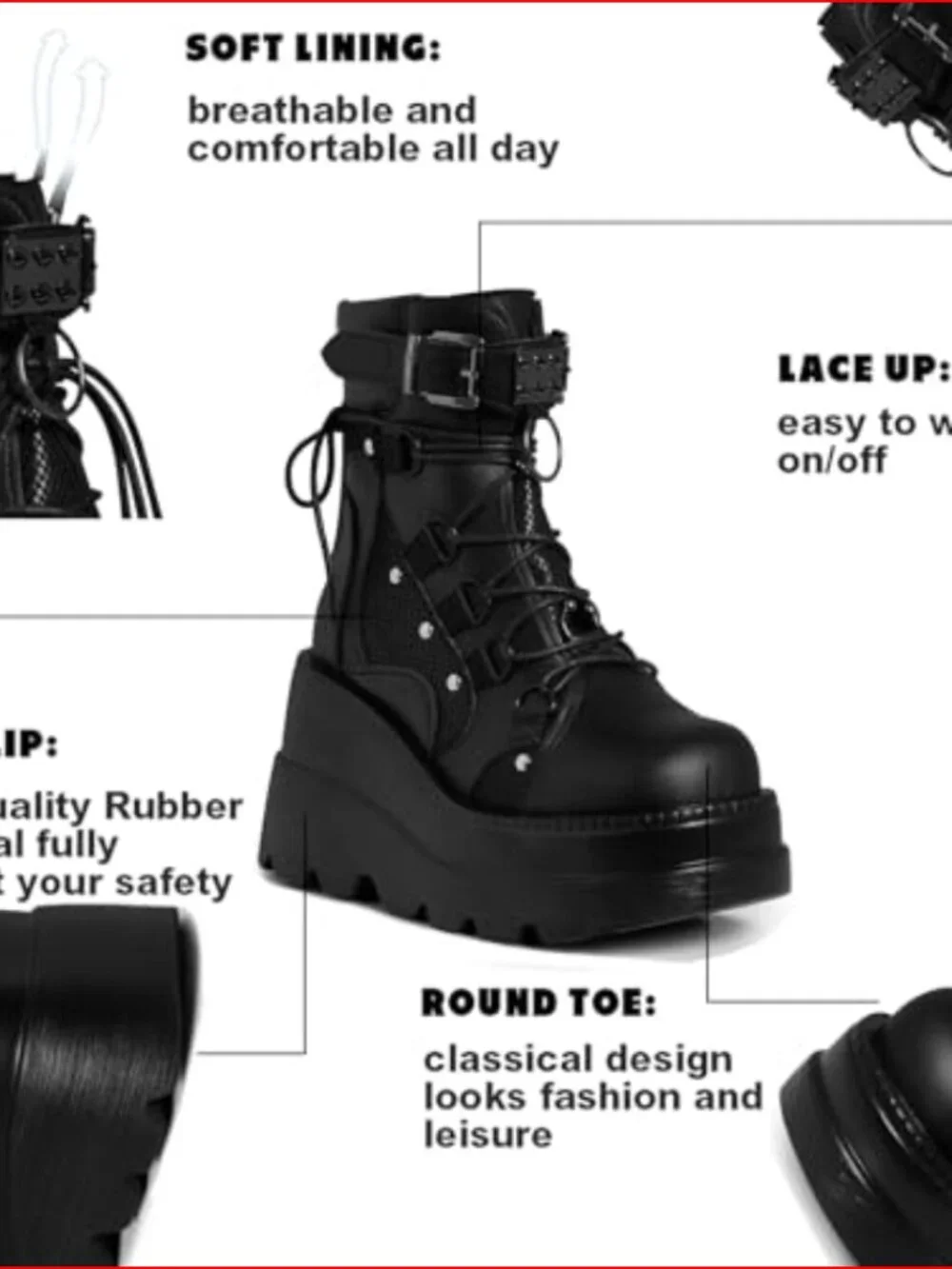 Platform Ankle Boots with Wedge Heel Vegan PU Leather Round Toe - Picture 4 of 7